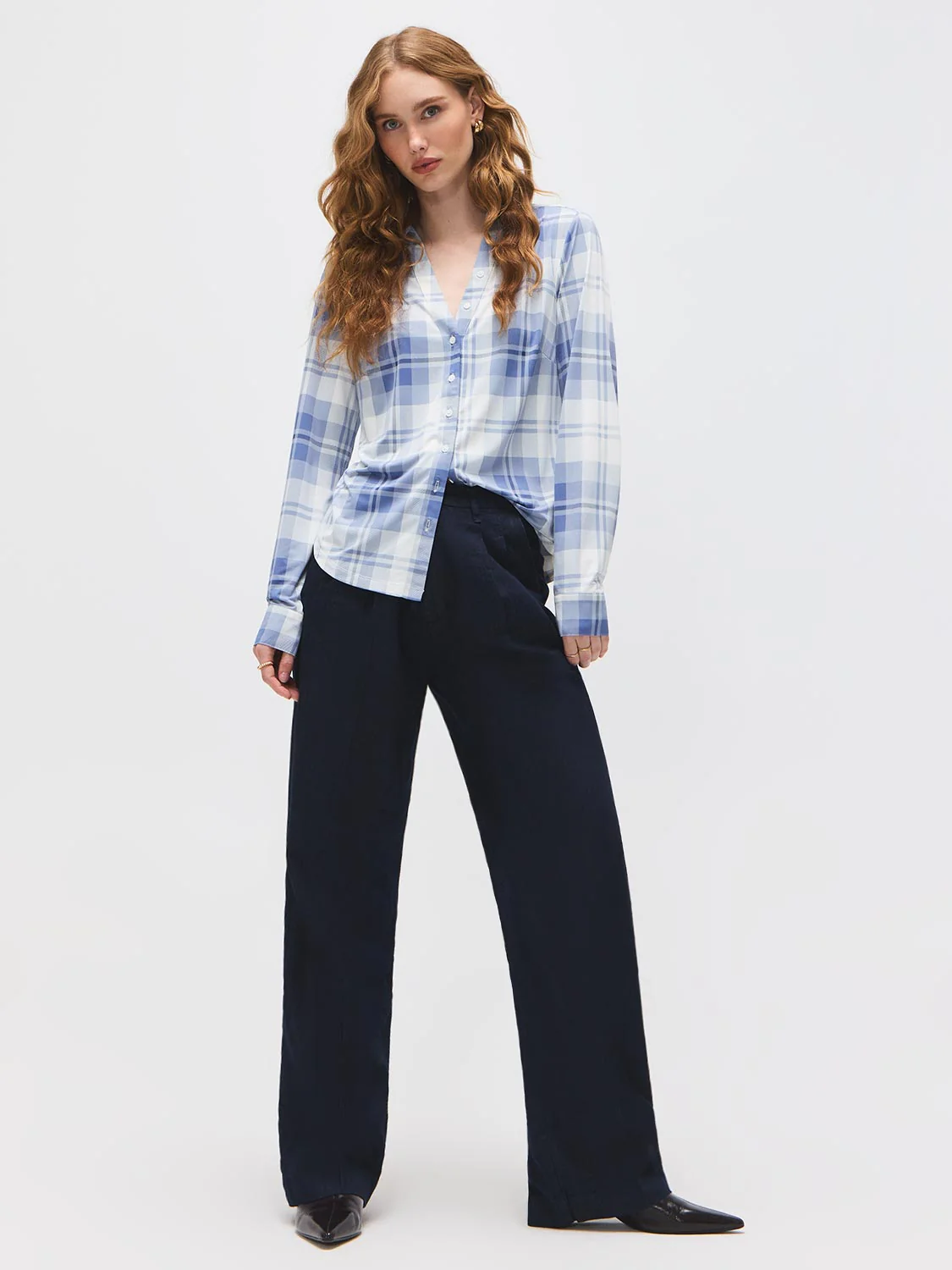 Plaid Johnny Collar Button-Front Blouse - Image 2