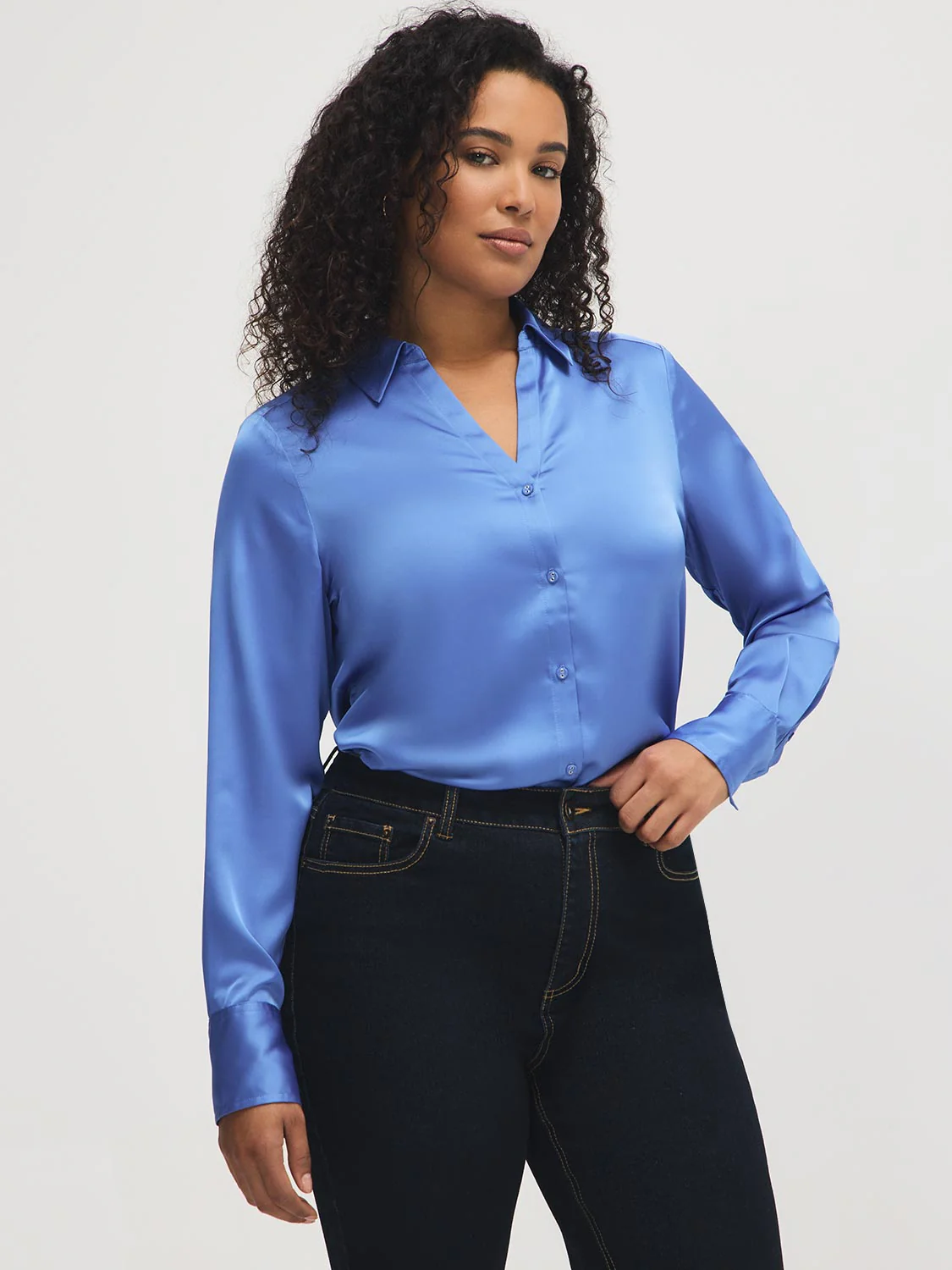 Johnny Collar Satin-Like Blouse - Image 3