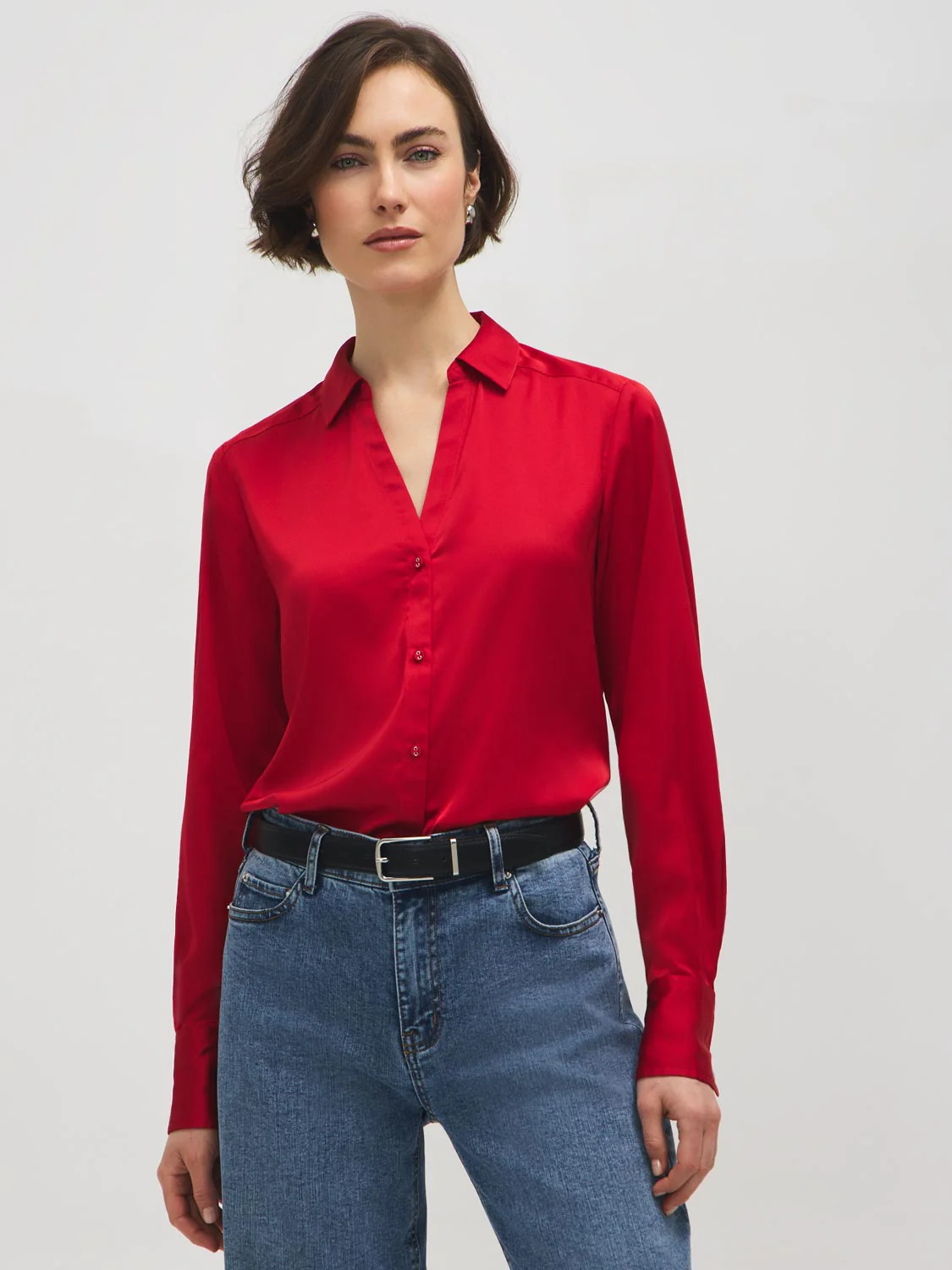Johnny Collar Satin-Like Blouse - Image 6