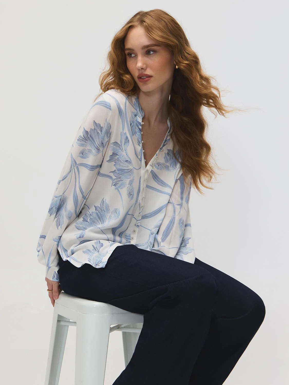 Floral Split Collar Popover Blouse - Image 2