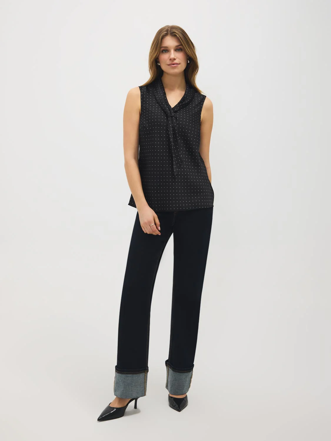 Polka Dot Tie-Neck Satin-Like Top - Image 5