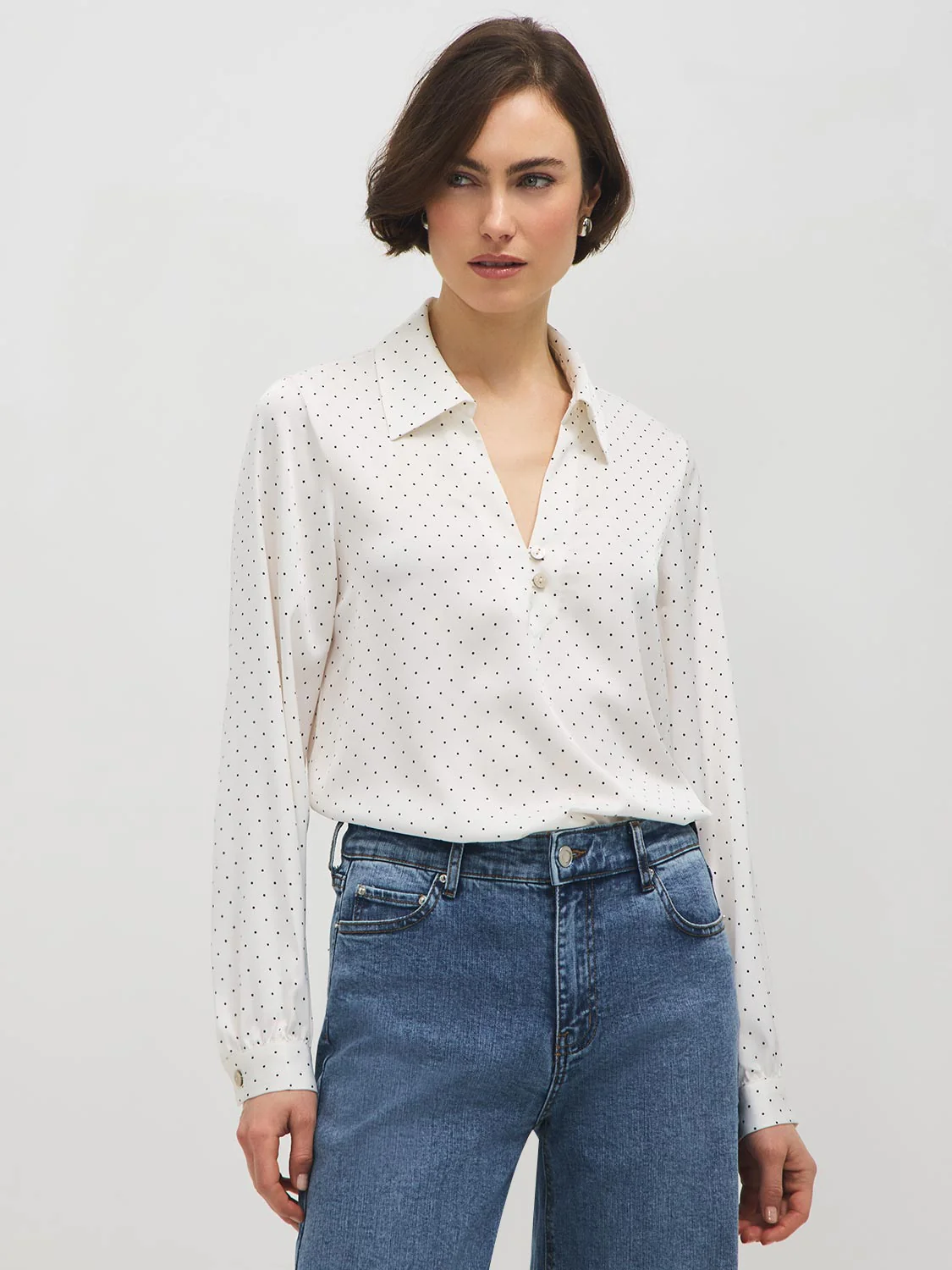 Polka Dot Split Collar Satin Blouse - Image 2