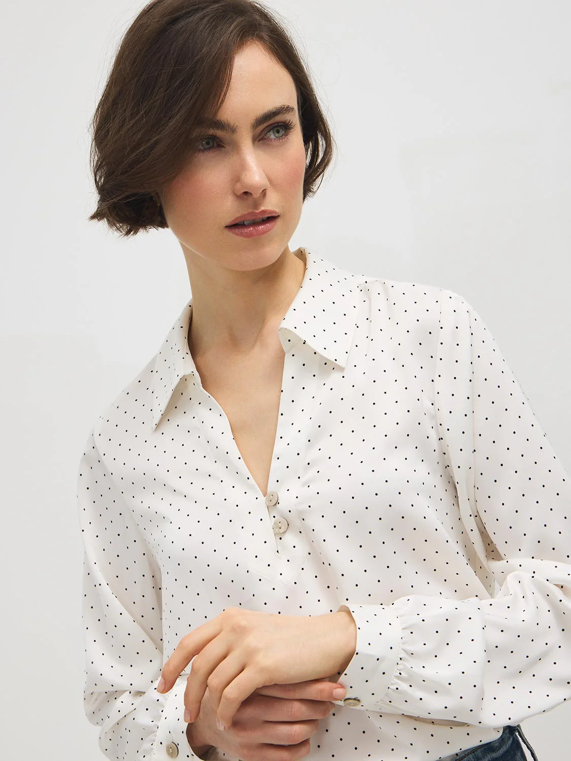 Polka Dot Split Collar Satin Blouse - Image 3
