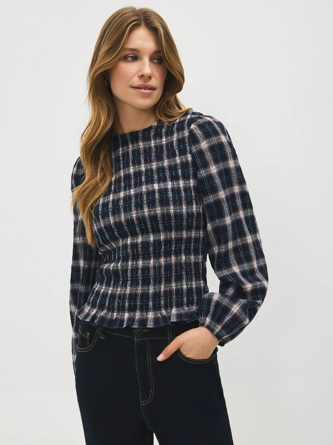 Plaid Smocked Cotton-Blend Top - Image 3