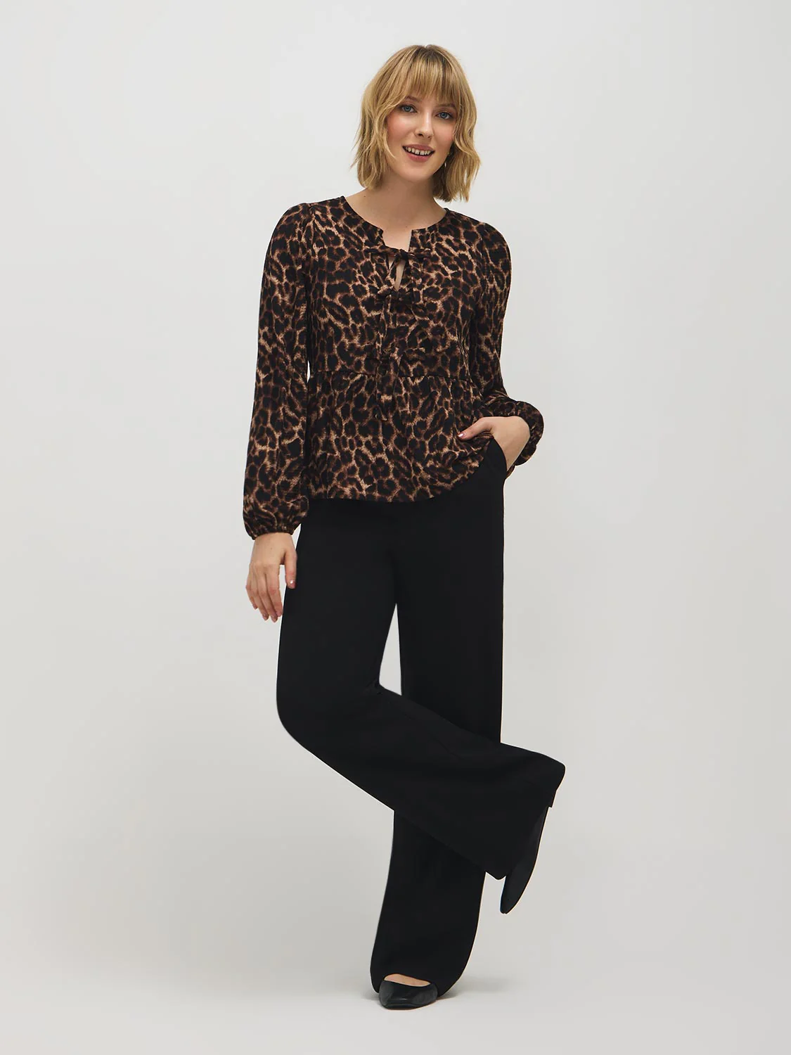Animal Print Bow Detail Peplum Top - Image 4