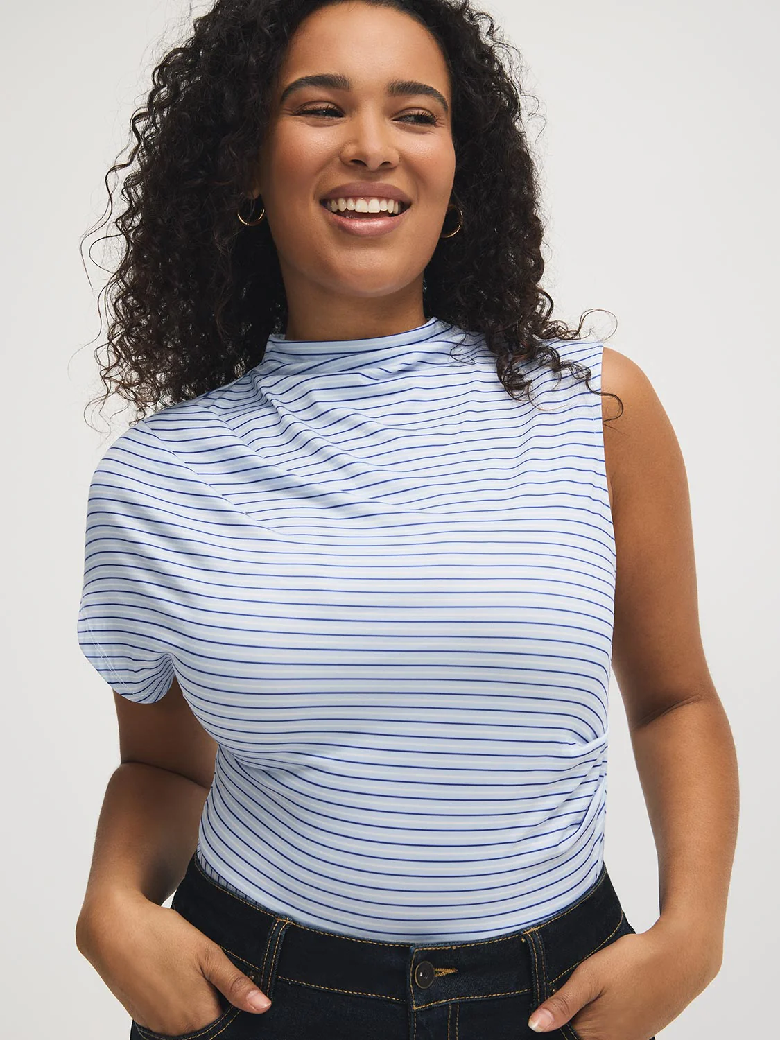 Striped Asymmetrical Mock Neck Top - Image 4