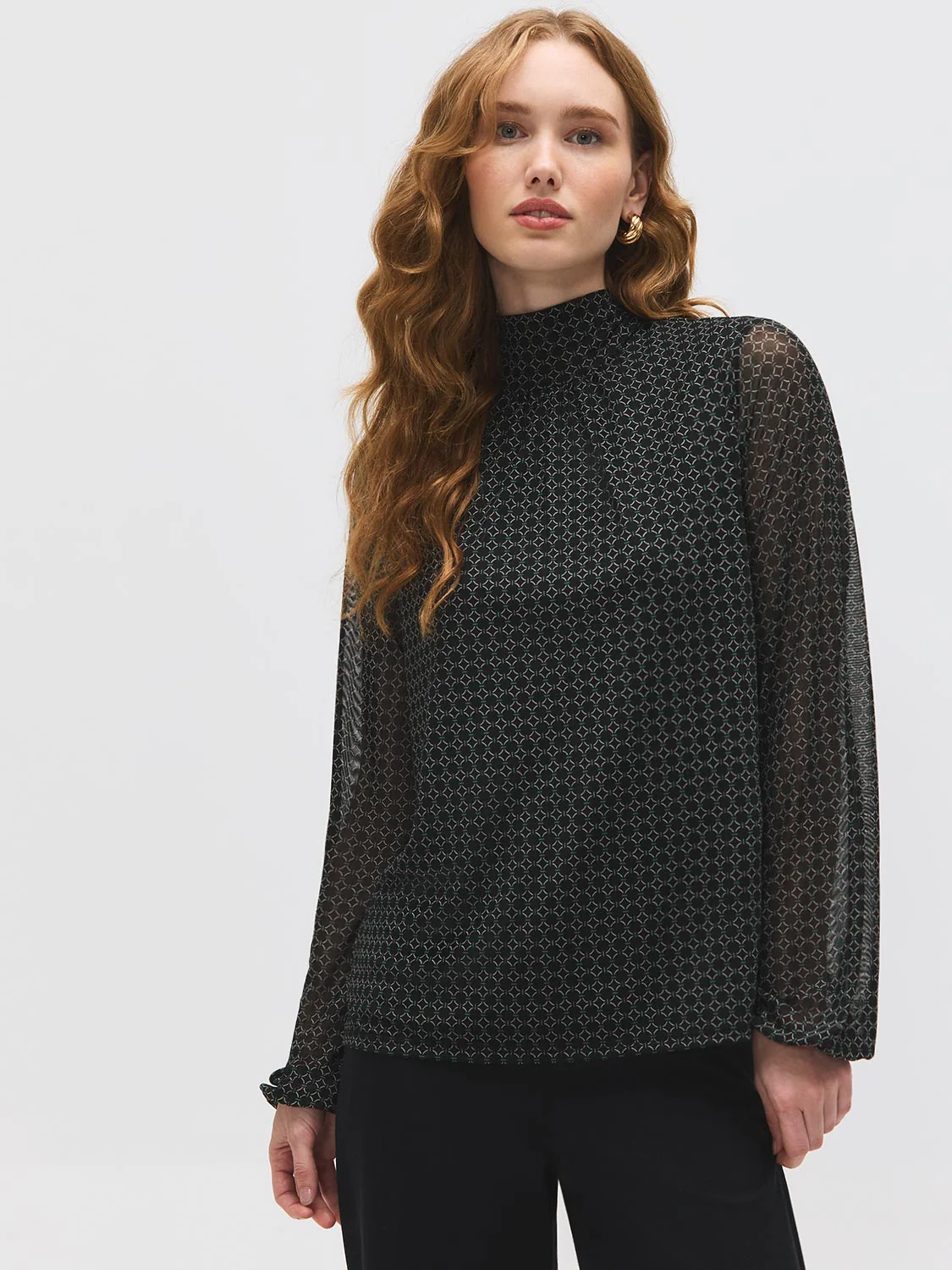 Geo Print Mesh Mock Neck Top - Image 3