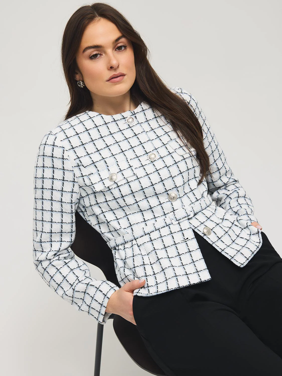 Collarless Belted Boucle Blazer - Image 3