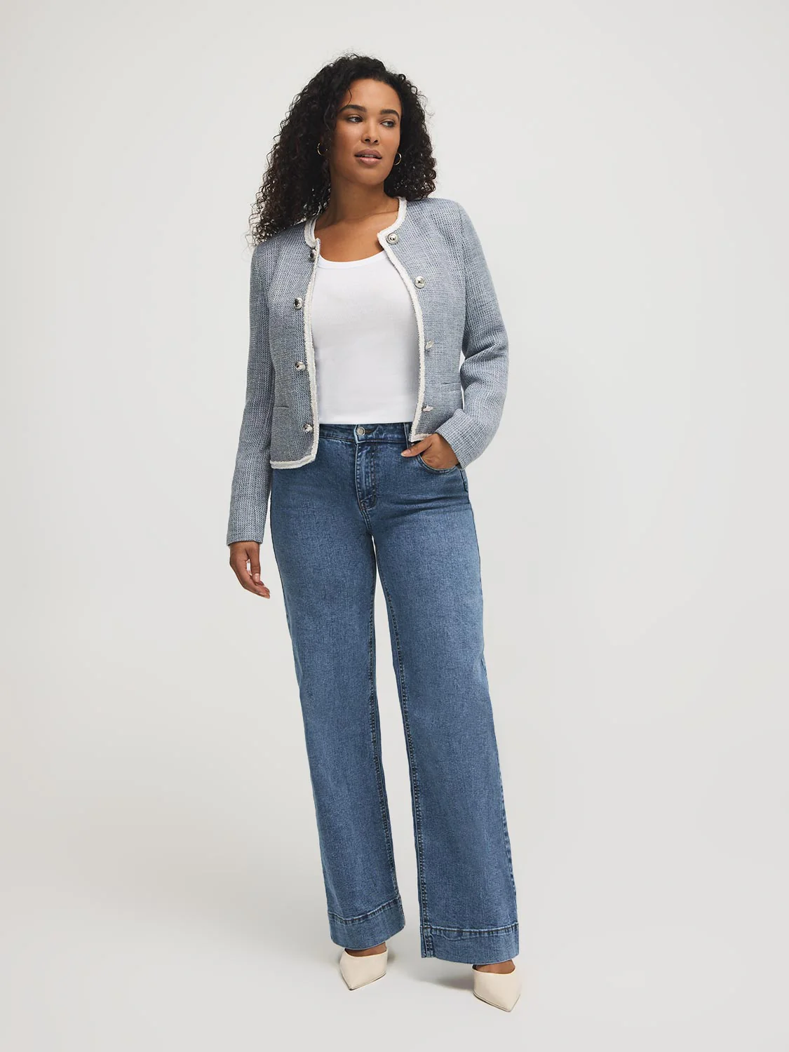 Contrast Trim Cropped Boucle Blazer - Image 3