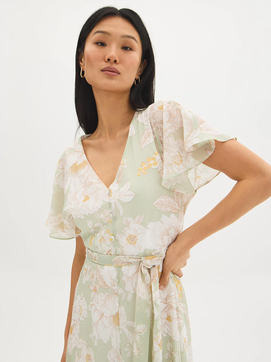 Floral Print V-Neck Chiffon Dress - Image 4