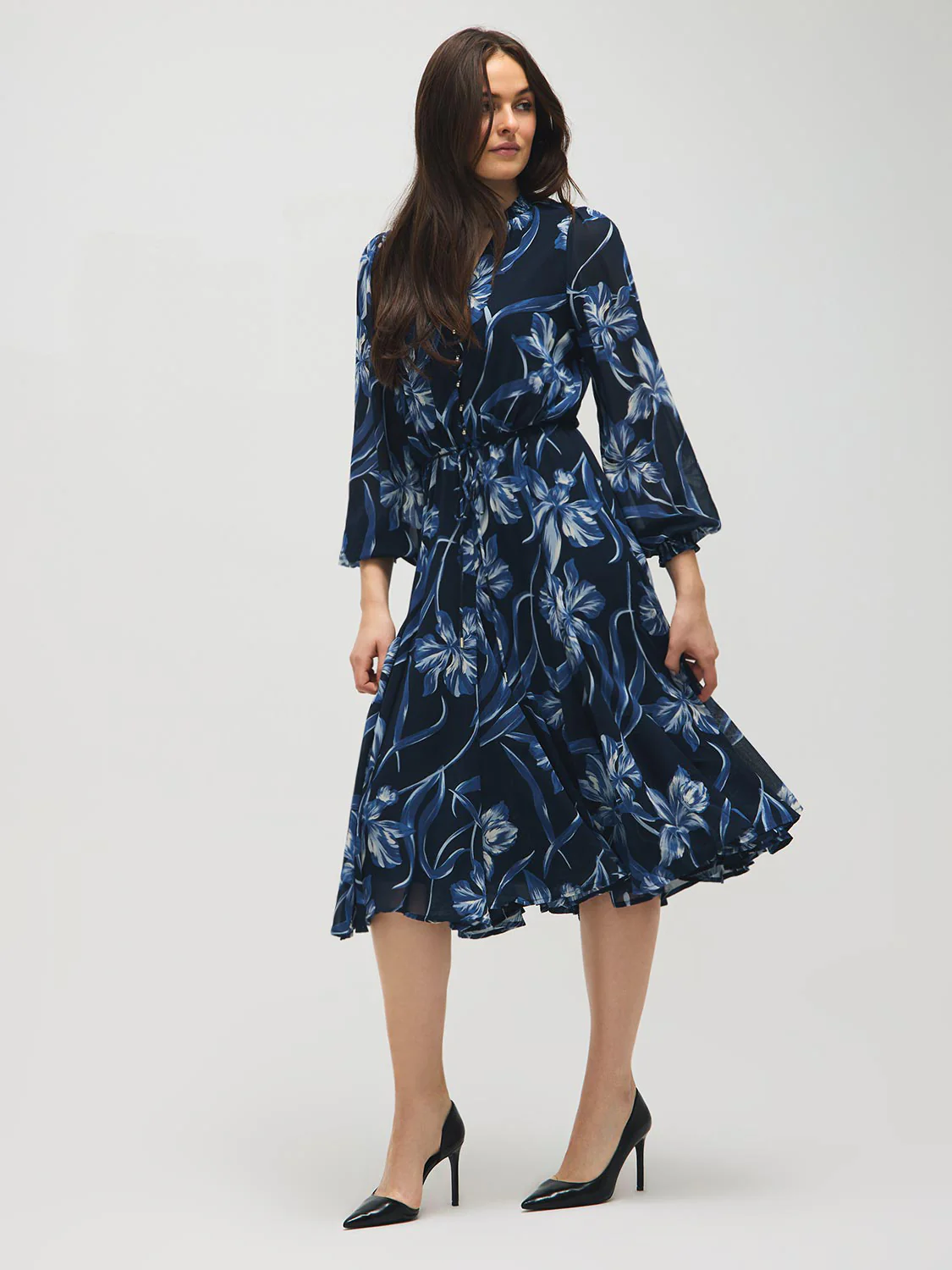 Floral Split Collar Chiffon Midi Dress