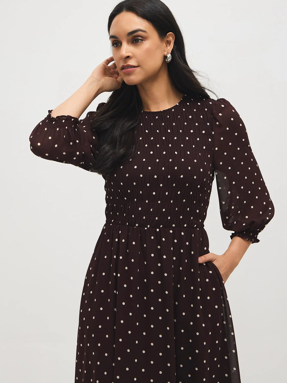 Smocked Polka Dot Chiffon Midi Dress - Image 3