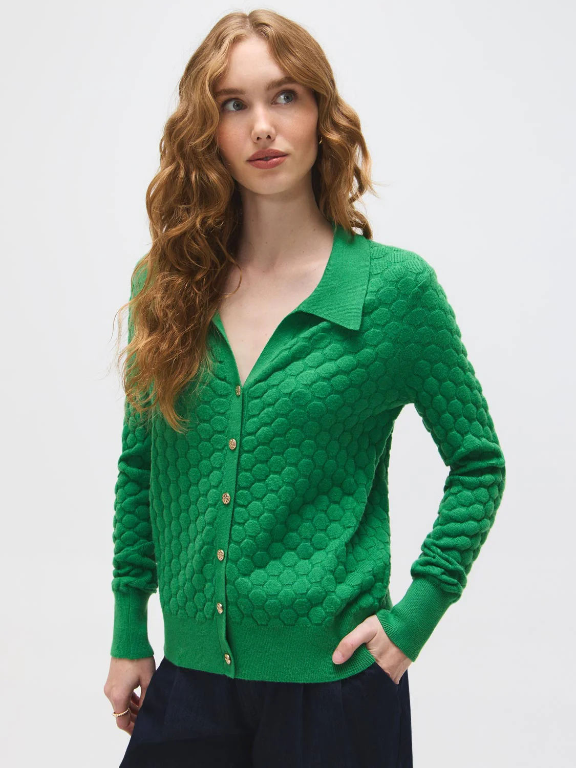 Johnny Collar Honeycomb Stitch Cardigan - Image 5