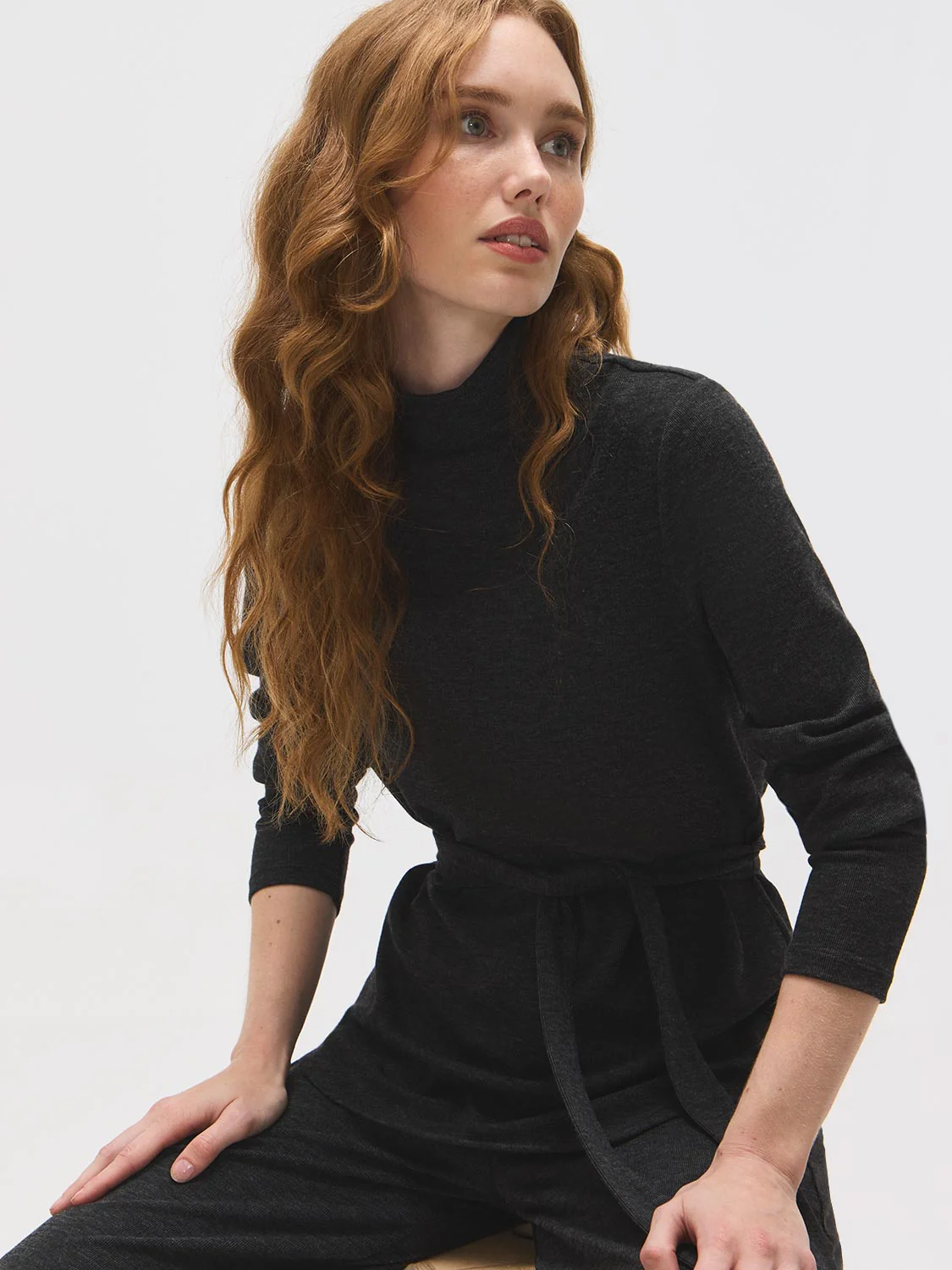 Mock Neck Melange Ribbed Tunic Top - Image 5