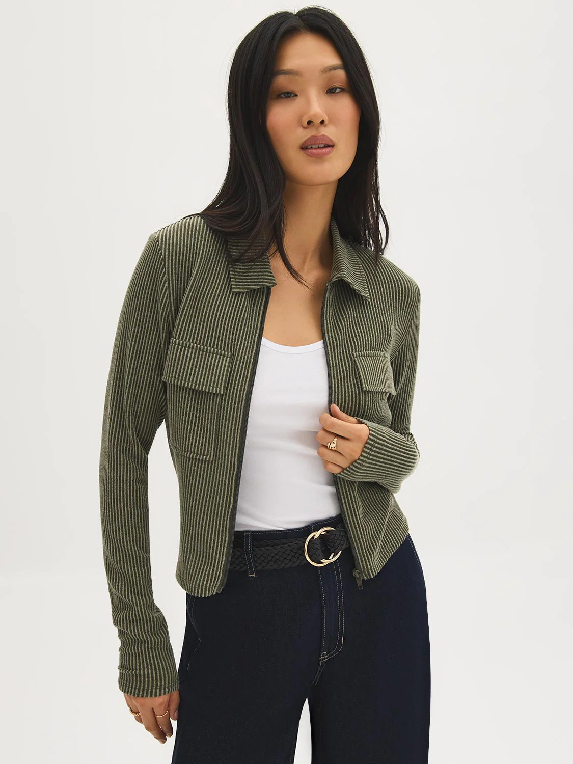 Ribbed Collared Zip-Front Top - Image 2