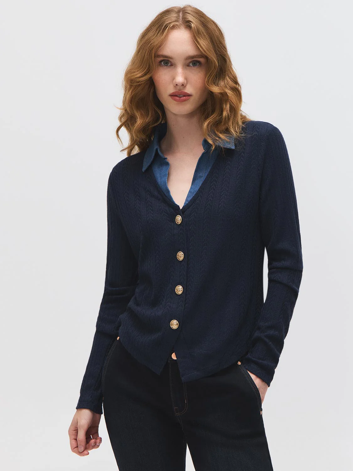 Denim Collar Cable Knit Blouse