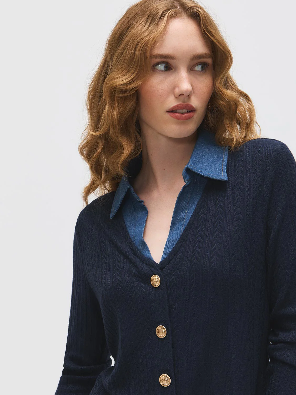 Denim Collar Cable Knit Blouse - Image 3