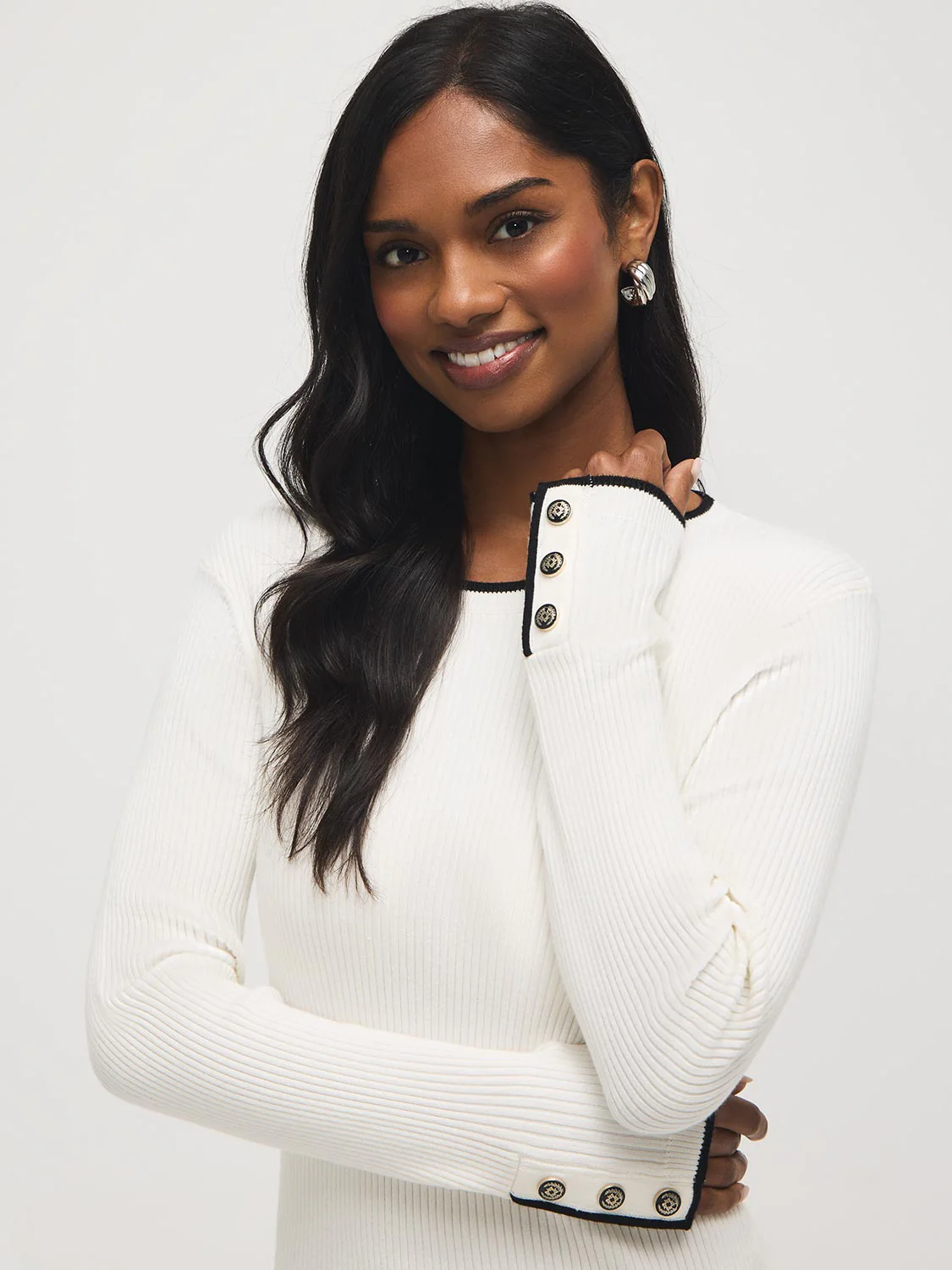 Button-Cuff Ribbed Sweater
