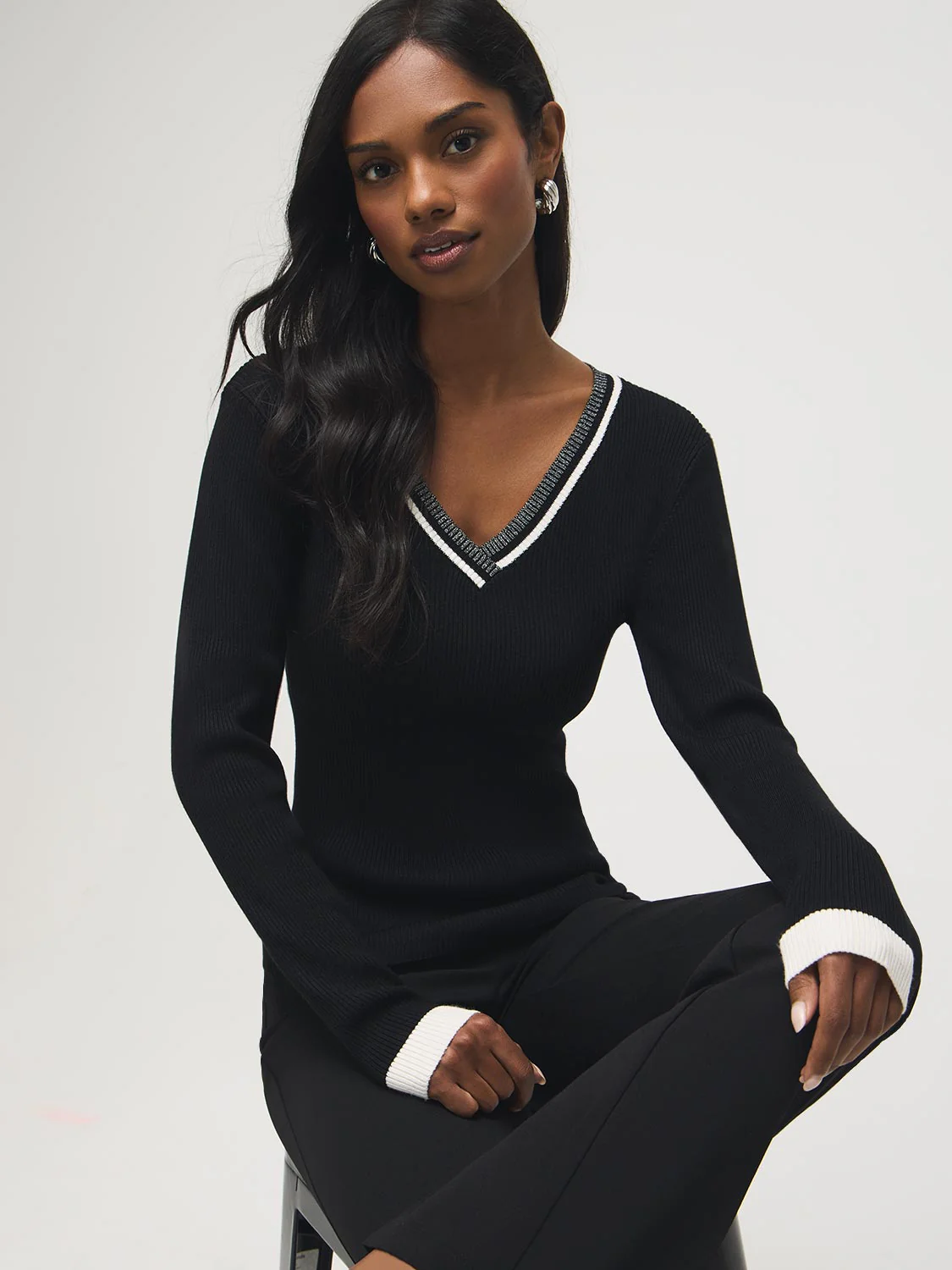 Ribbed Metallic V-Neck Sweater