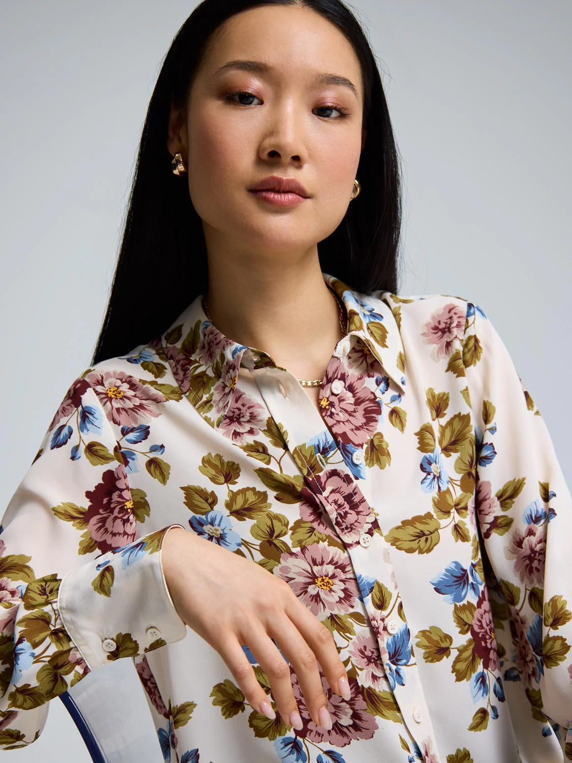 Floral Button-Front Chiffon Blouse - Image 3