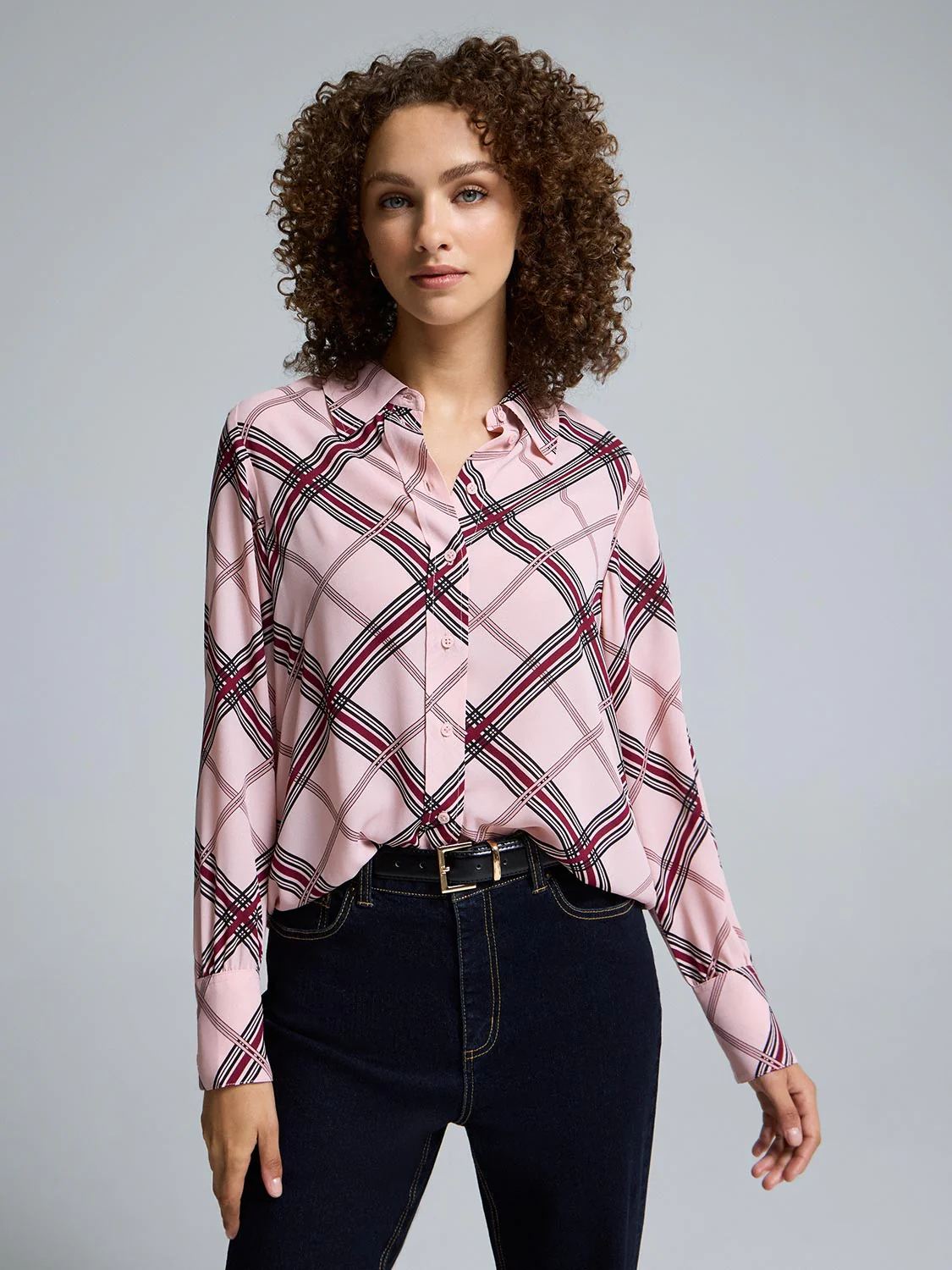 Plaid Button-Front Chiffon Blouse