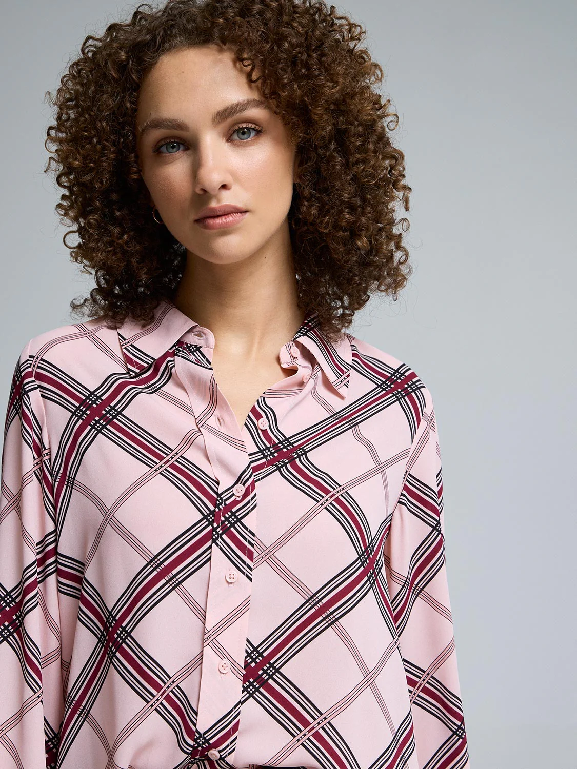 Plaid Button-Front Chiffon Blouse - Image 2