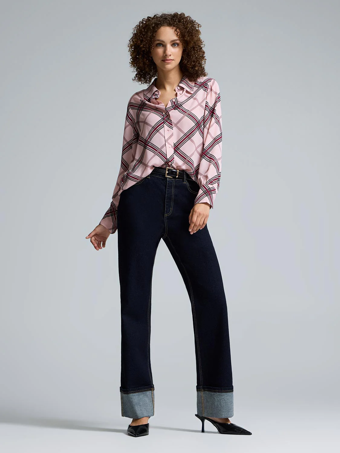 Plaid Button-Front Chiffon Blouse - Image 3