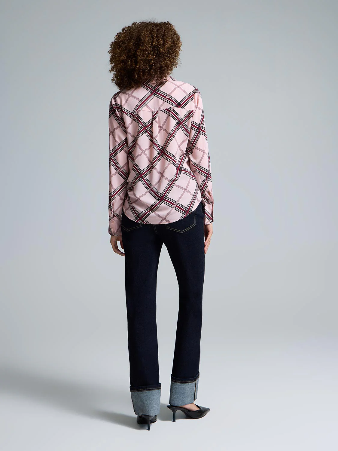 Plaid Button-Front Chiffon Blouse - Image 4