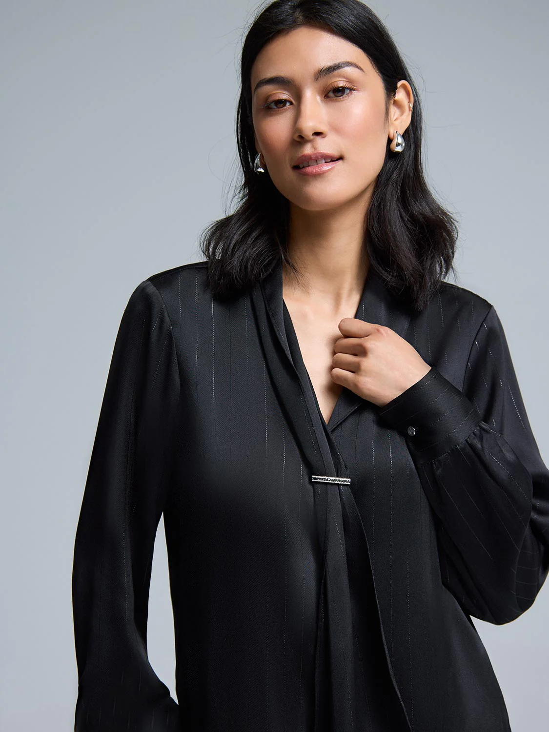 Collar Tie Button-Front Blouse