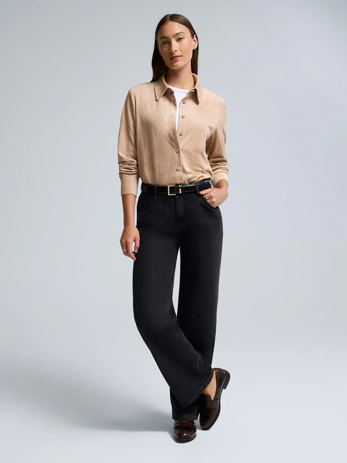 Faux Suede Button-Front Blouse - Image 2