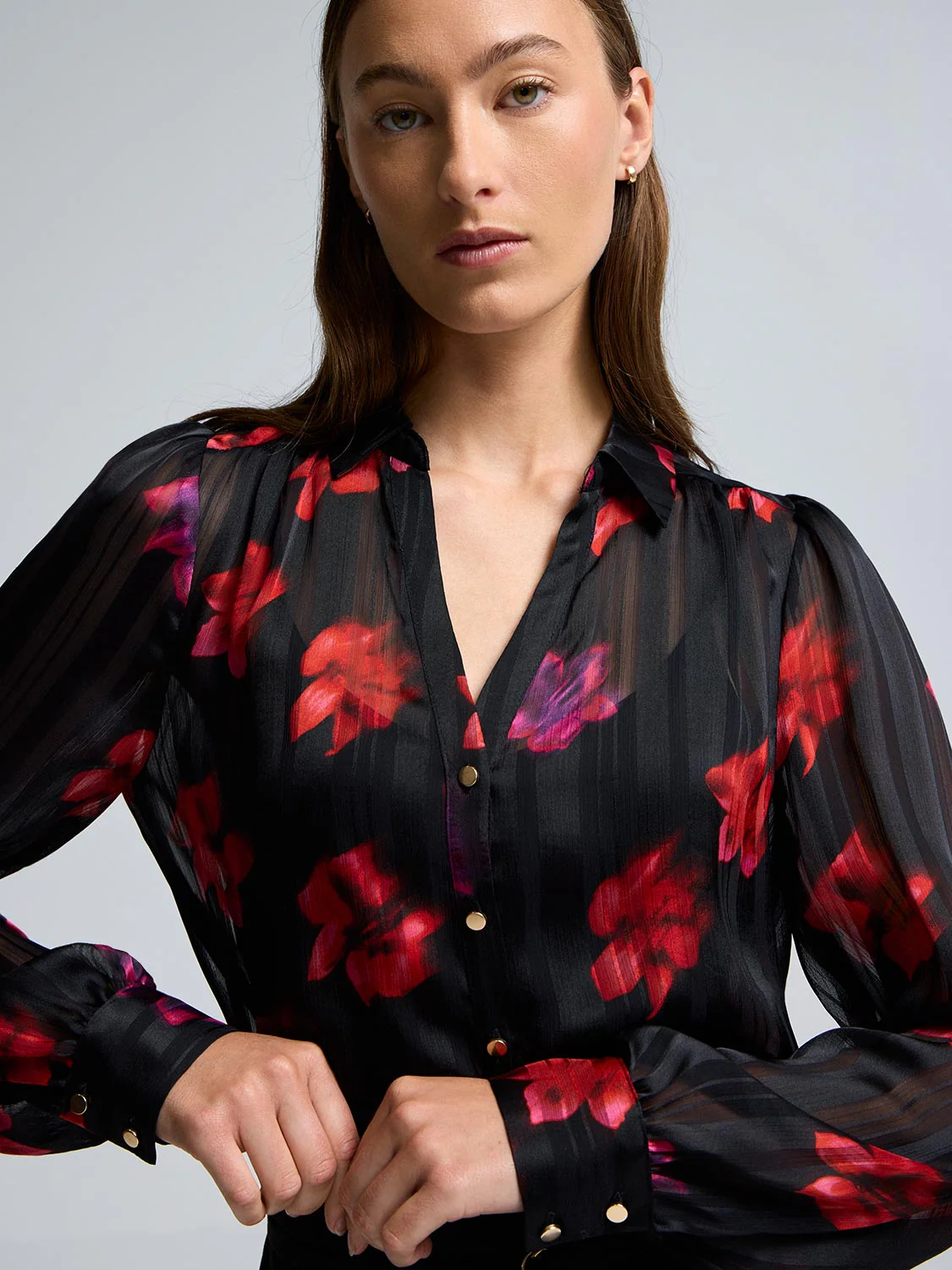 Floral Shadow Stripe Chiffon Blouse
