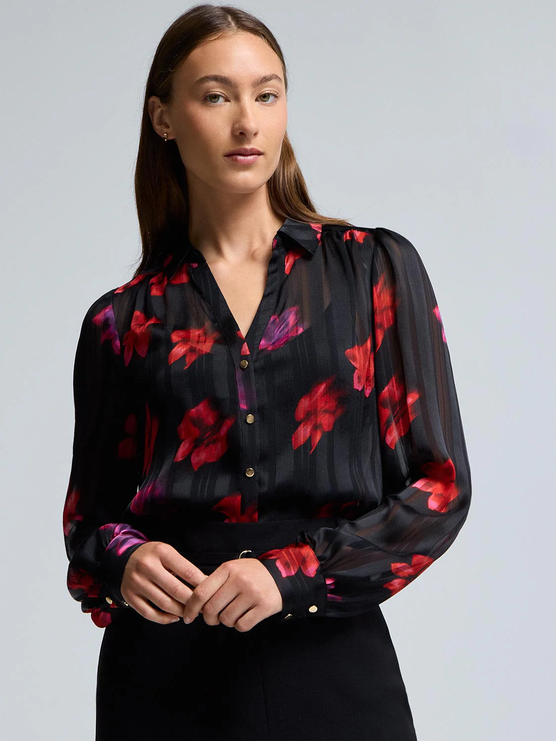 Floral Shadow Stripe Chiffon Blouse - Image 3