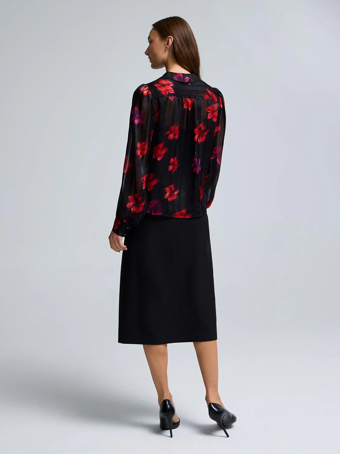 Floral Shadow Stripe Chiffon Blouse - Image 4