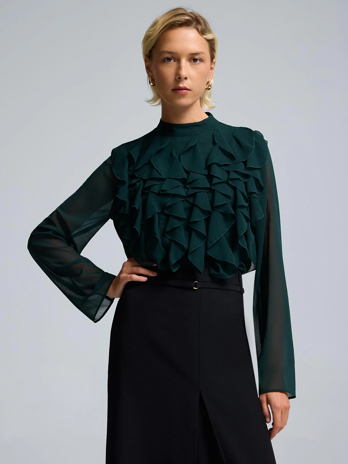 Mini Mock Neck Ruffle Chiffon Blouse - Image 2