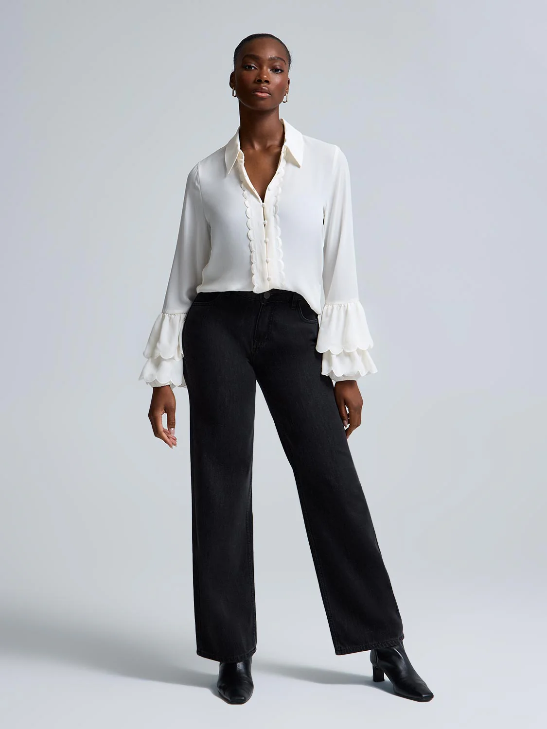 Scallop Detail Button-Front Chiffon Blouse - Image 3