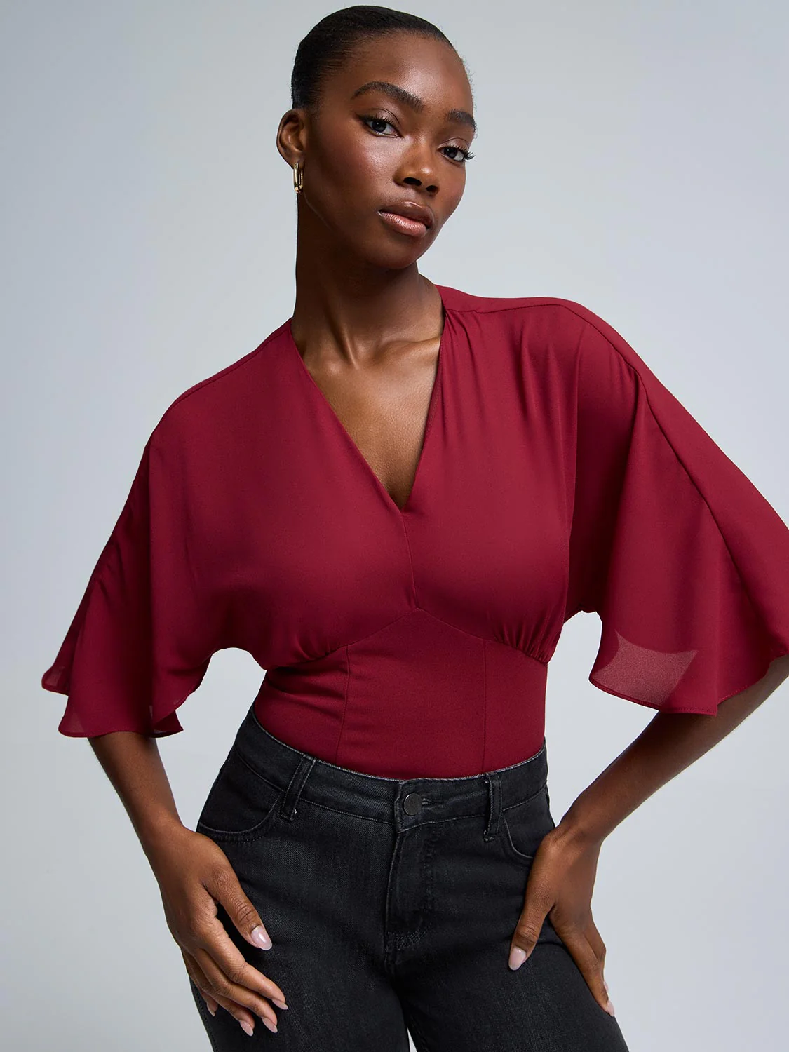V-Neck Dolman Sleeve Chiffon Top - Image 2