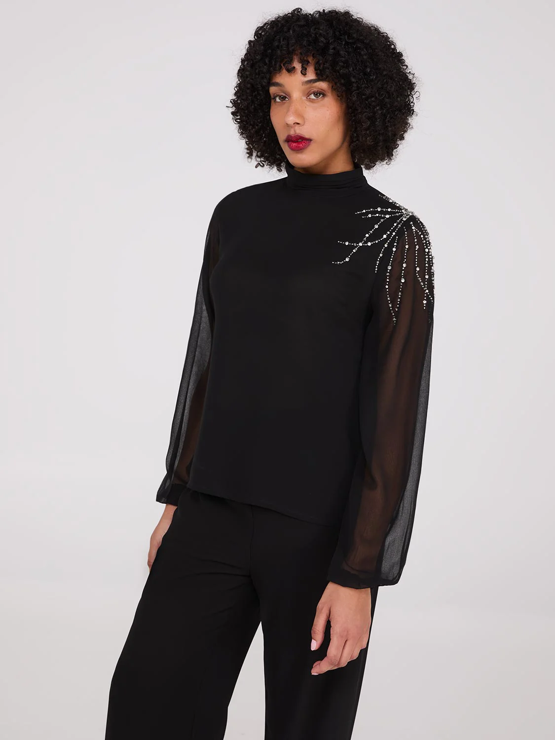 Embellished Pleated Mock Neck Top - Image 2