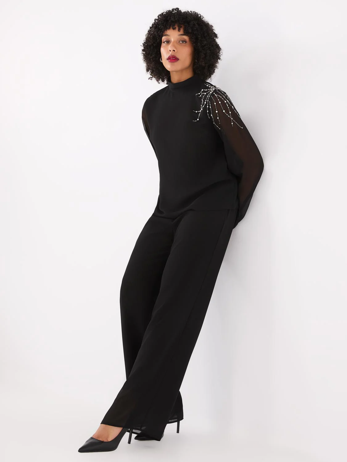 Embellished Pleated Mock Neck Top - Image 3