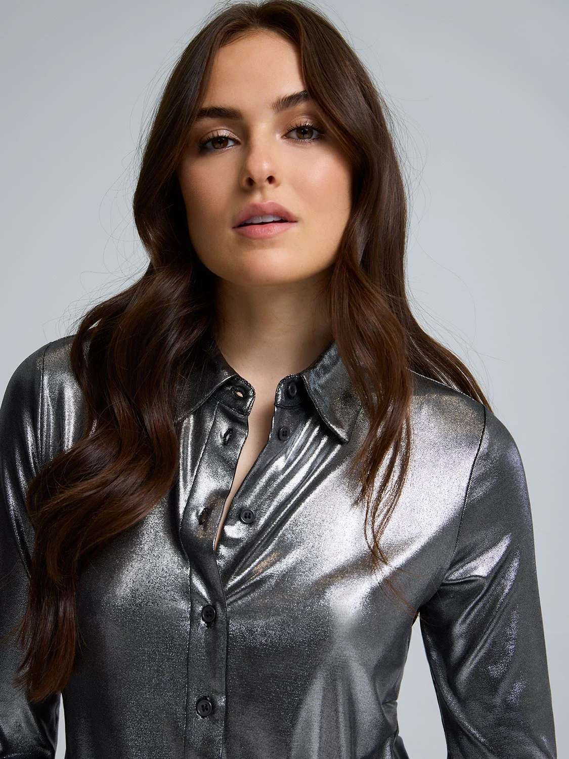 Metallic Foil Button-Front Blouse - Image 2