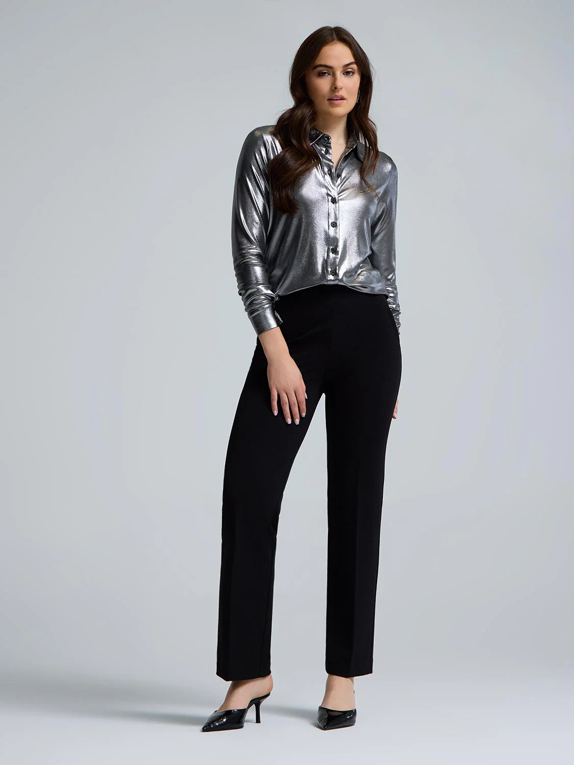 Metallic Foil Button-Front Blouse - Image 4