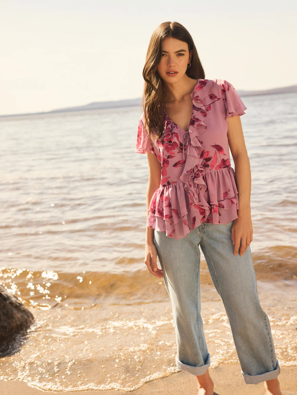 Floral Flutter Sleeve Tie-Front Blouse - Image 3