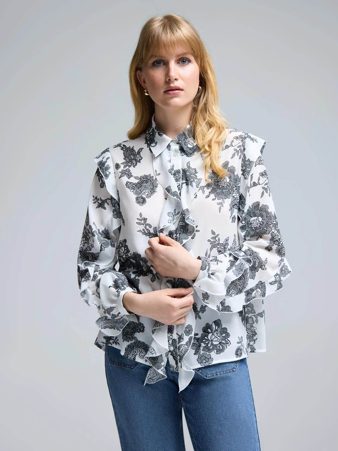 Floral Button-Up Ruffle Blouse - Image 2