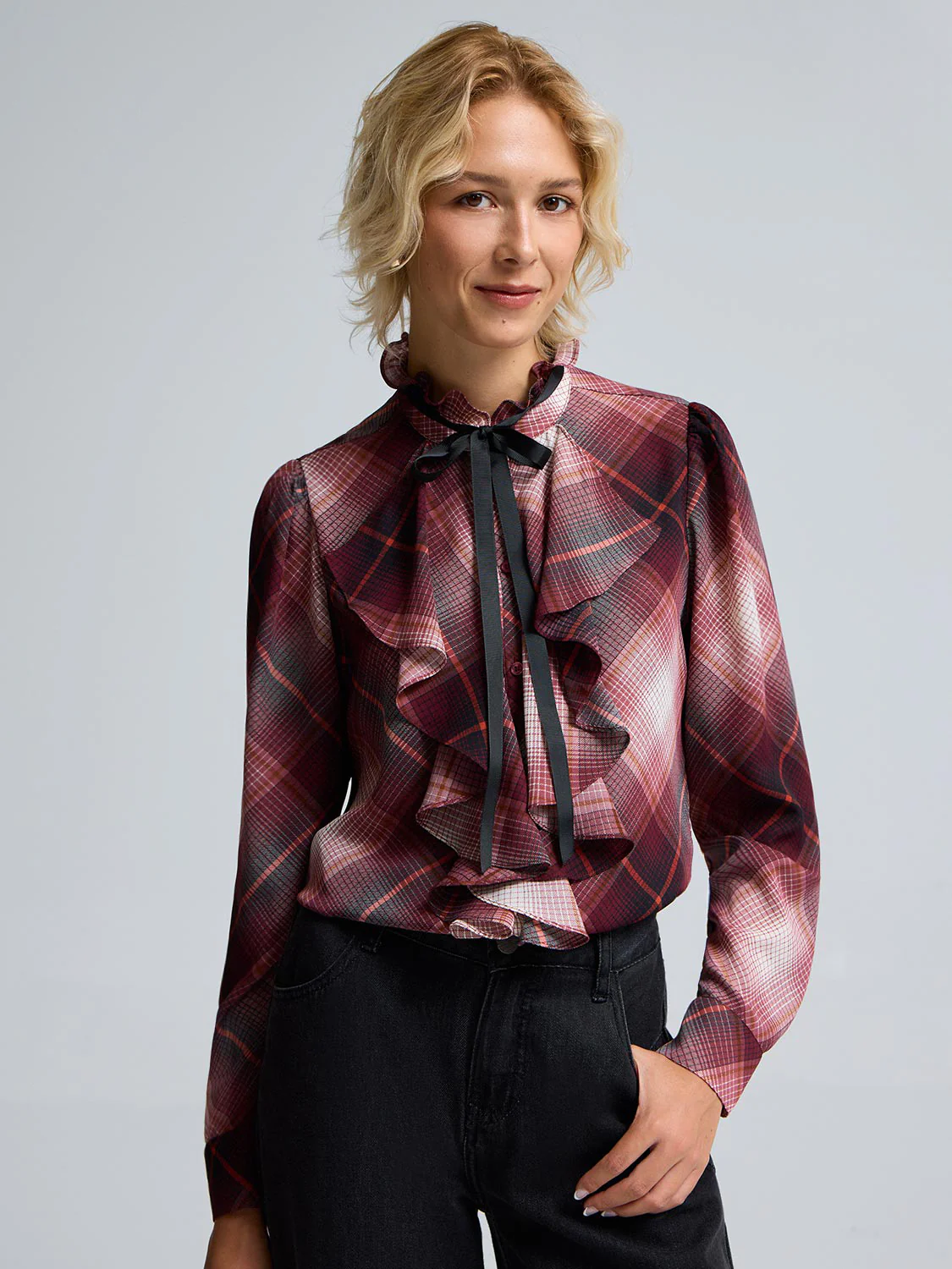Plaid Ruffle Button-Front Chiffon Blouse - Image 2