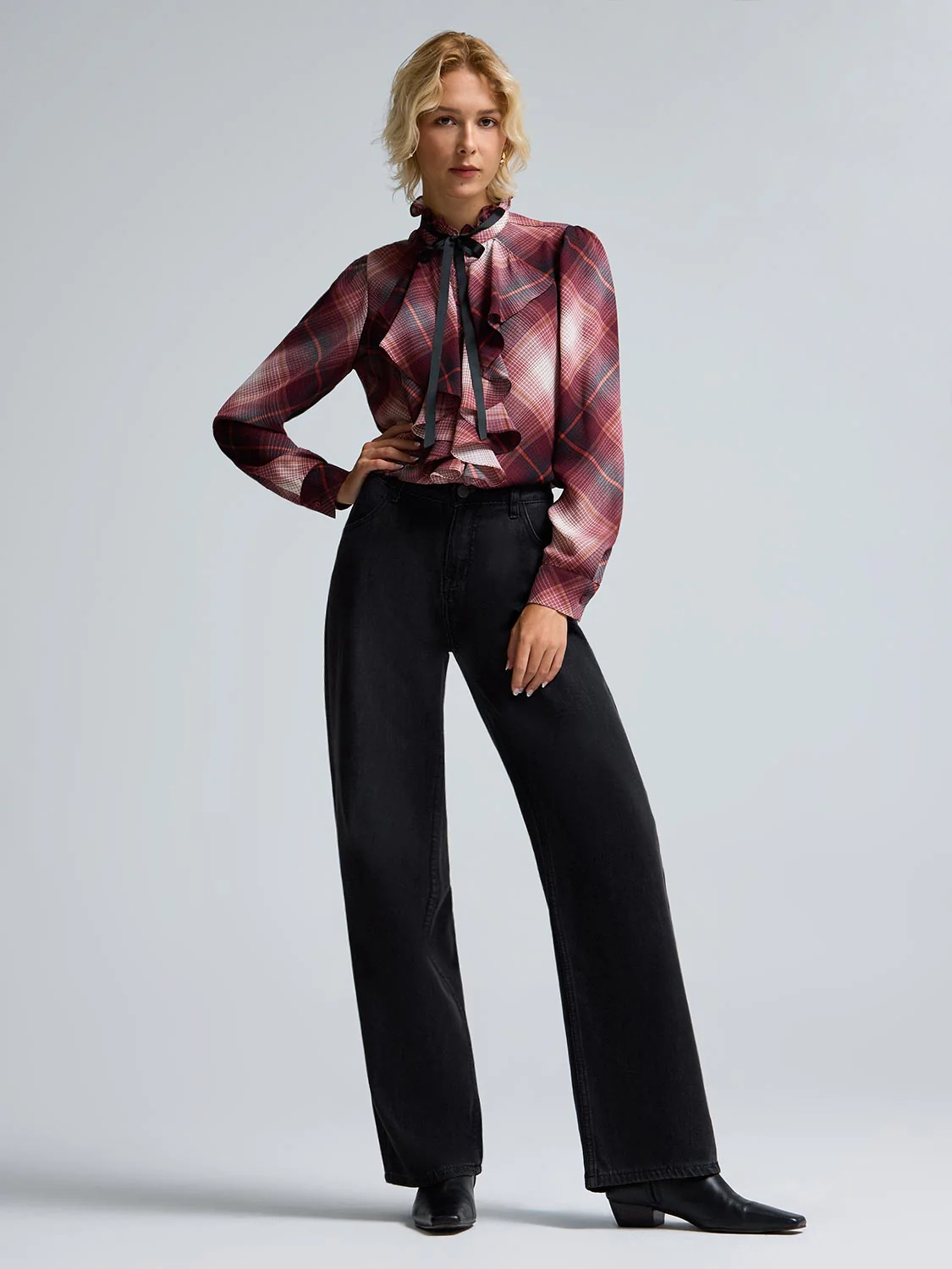 Plaid Ruffle Button-Front Chiffon Blouse - Image 3