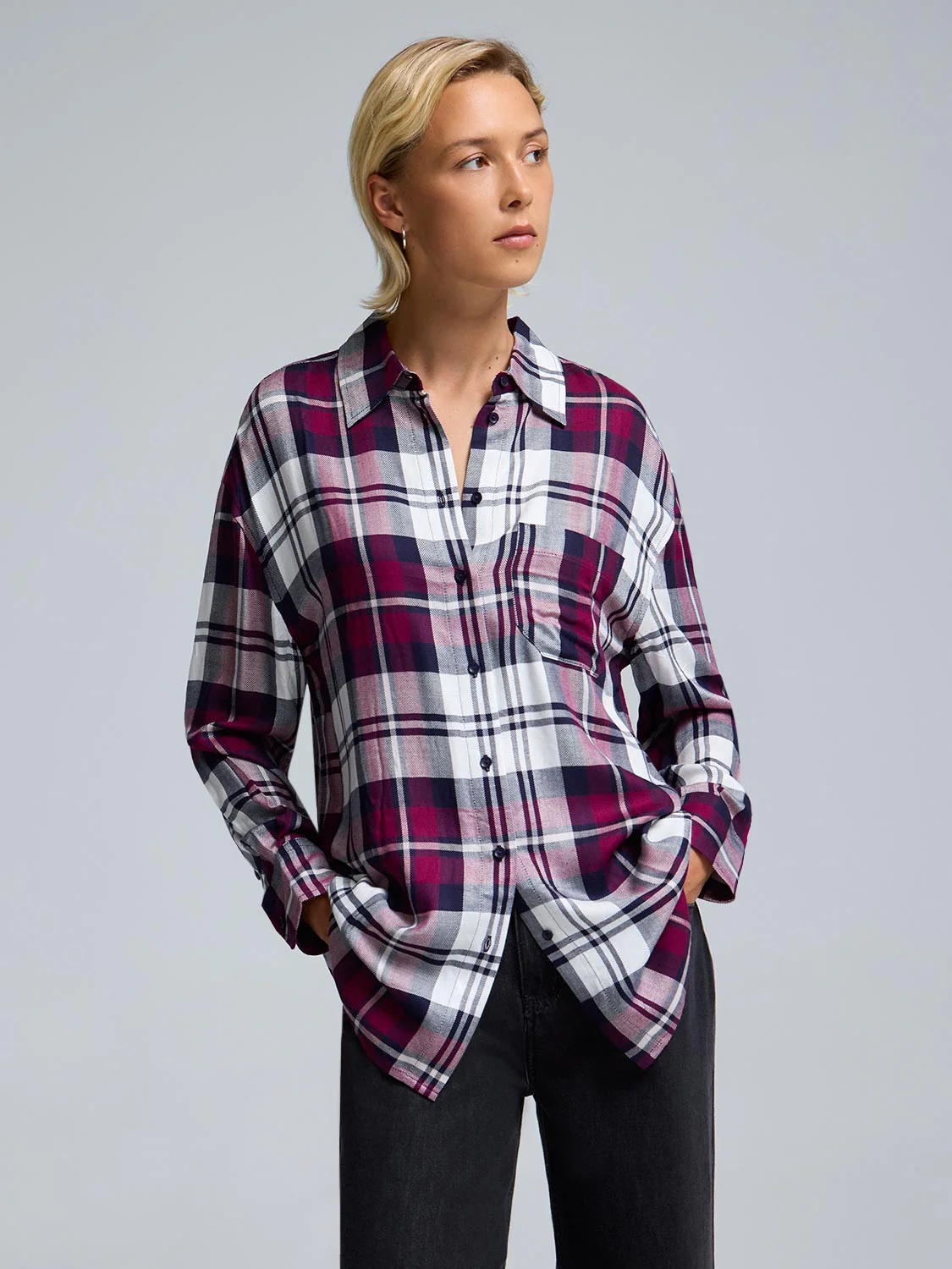 Button-Front Plaid Blouse