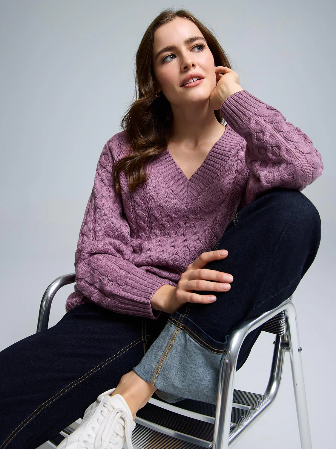 V-Neck Cable Knit Sweater - Image 14