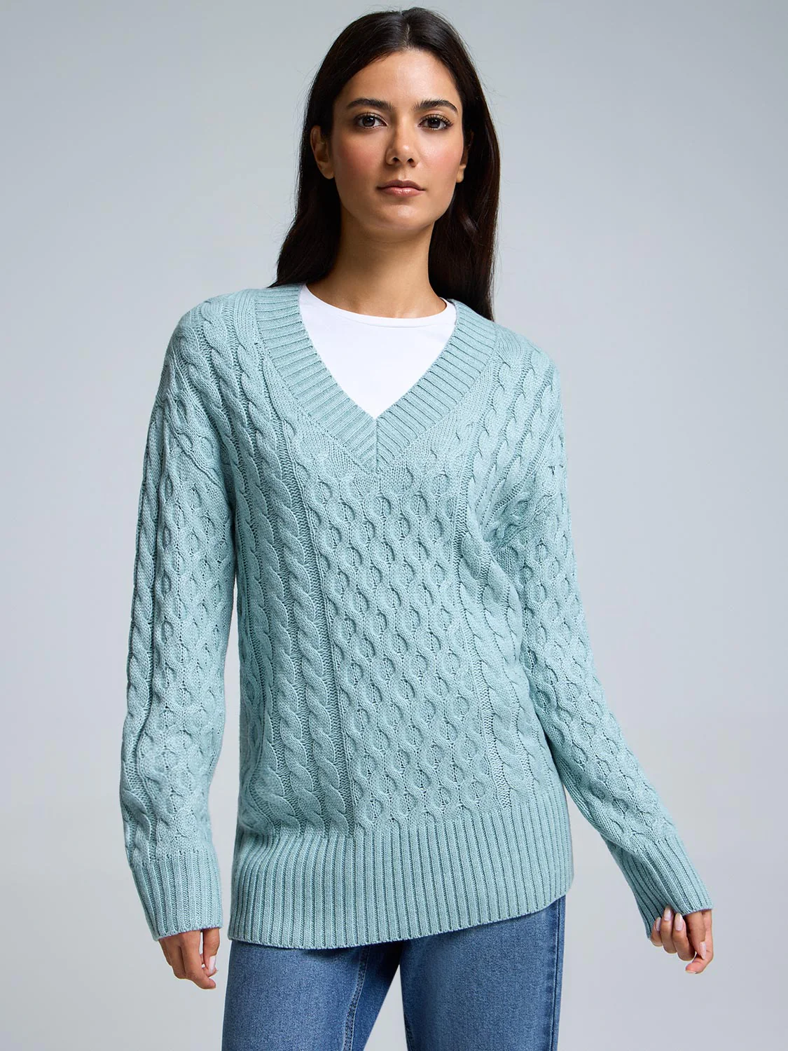 V-Neck Cable Knit Sweater - Image 4