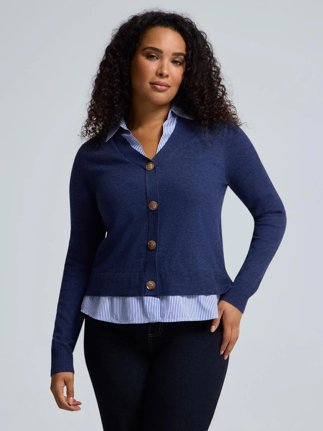 2-Fer Cardigan & Striped Blouse Combo