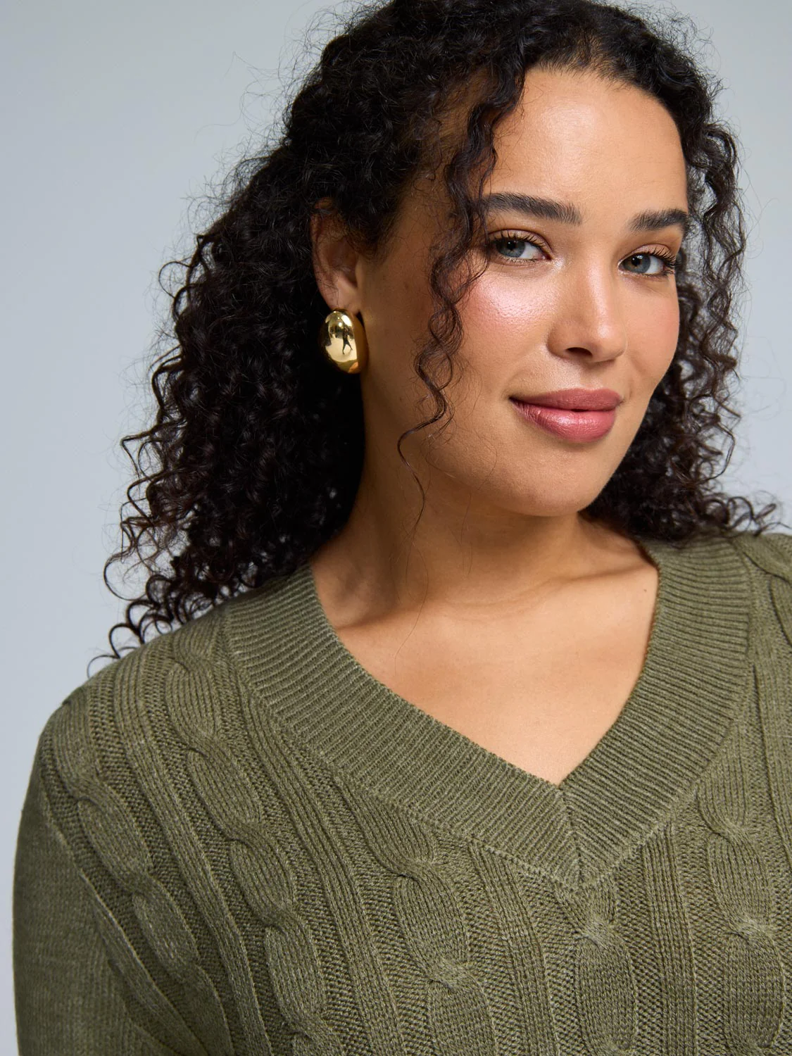 V-Neck Cable Knit Front Sweater - Image 2