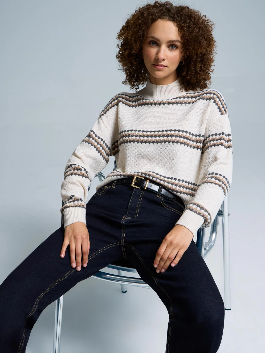 Ribbed Mock Neck Striped Sweater - Image 3
